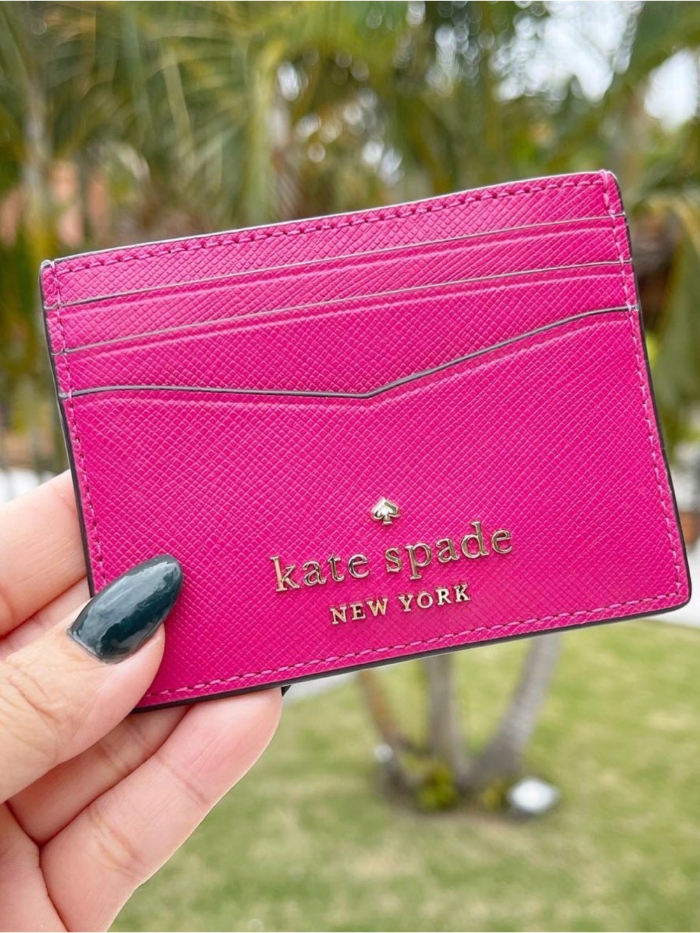 kate spade Hot Pink Saffiano Card Case with Gold Logo